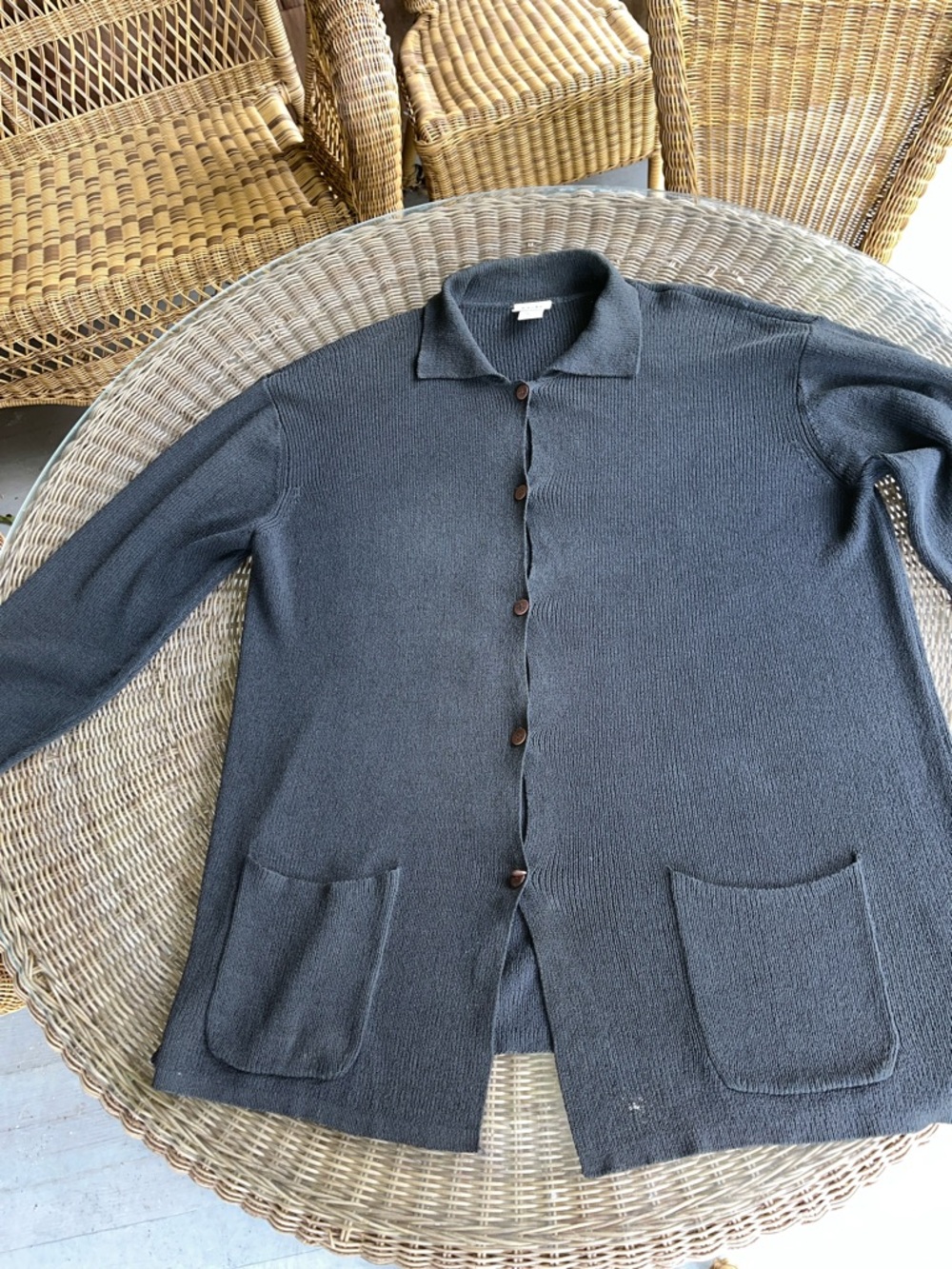 Eileen Fisher Black Cotton Button-Front Sweater Cardigan Size L